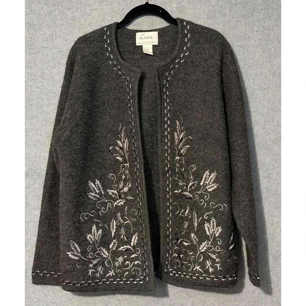 Linea Louis Dell'Olio Wool Cardigan M Gray Floral Embroidered Cottagecore A32601